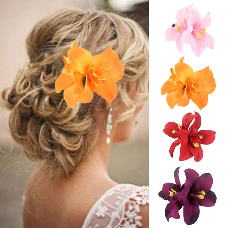 

Hawaii Orchid Flowers Hair Clips Beach Seaside Flower Barrette Bohemia Wedding Bridesmaid Double-flower Hairpin Bridal Headwear