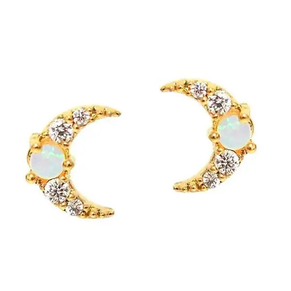 

Gold Vermeil stud 925 Sterling Silver cz opal paved tiny moon star cute lovely stud earring