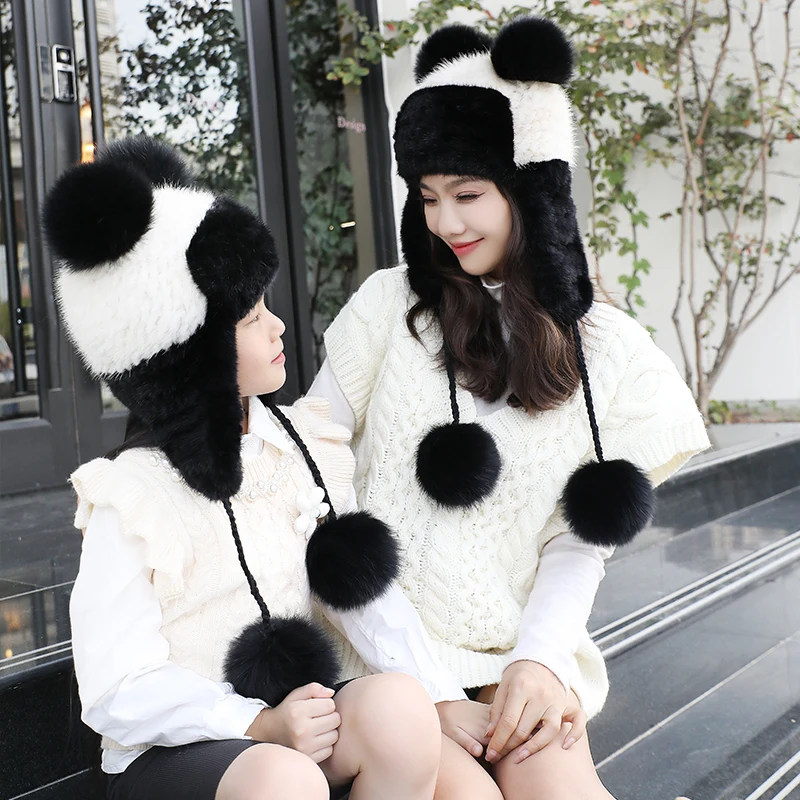 New Women's Mink Fur Hat Acrylic Knitted Hat Ear Protection Skull Hat Autumn And Winter Elastic Skull Girl Beanie Hat Wholesale