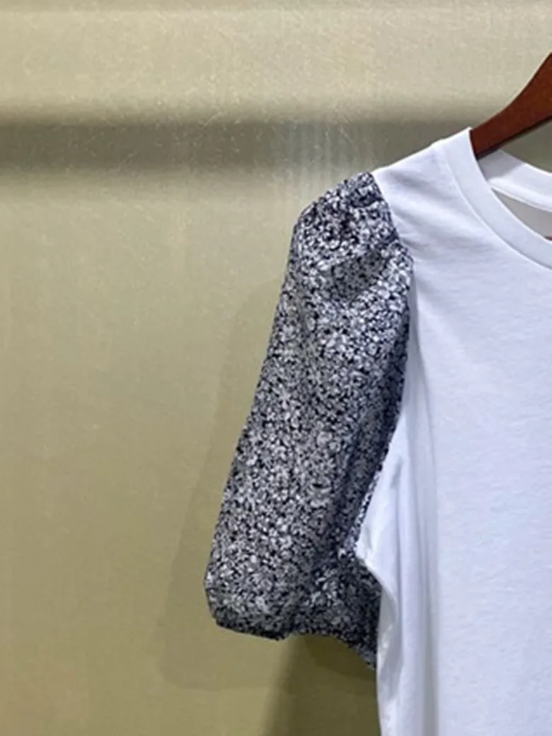 

Floral Print Women Stitching Tshirts Short Puff Sleeve Simple casual O-neck Tees Ladies T-shirt 2022 Summer New
