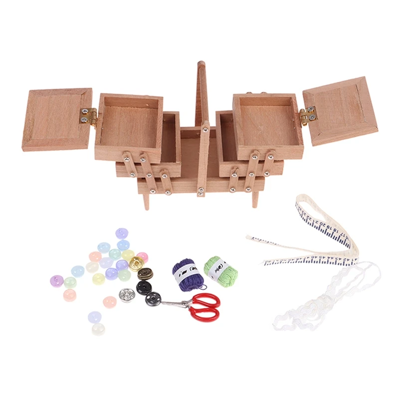 

1:12 Dollhouse Miniature Wooden Multi-Storey Antique Sewing Supplies Box With Needle Scissors Knitting Tool Tailor Set