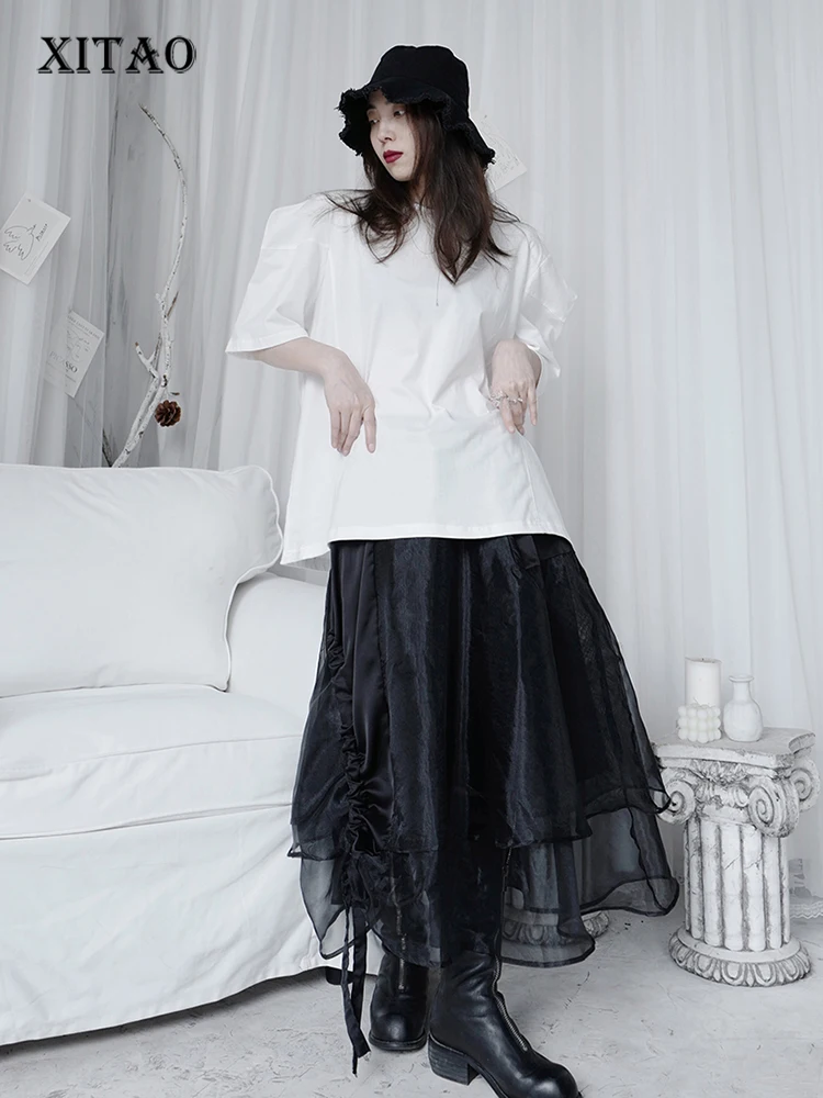 

XITAO Women Tshirt Fashion Pullover Small Fresh White Black Half Sleeve Pleated 2022 Summer Minority Loose Tee Top WMD6928
