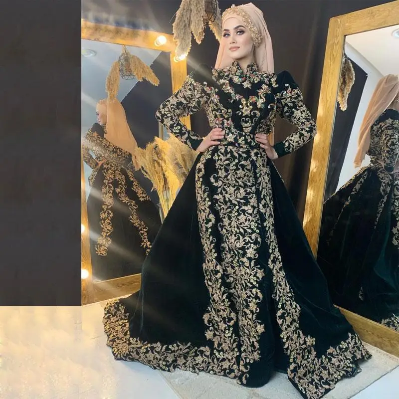 

Moroccan Caftan Velvet Muslim Evening Dresses With Detachable Train Long Sleeves Celebrity Crystal prom Formal Arabic gown