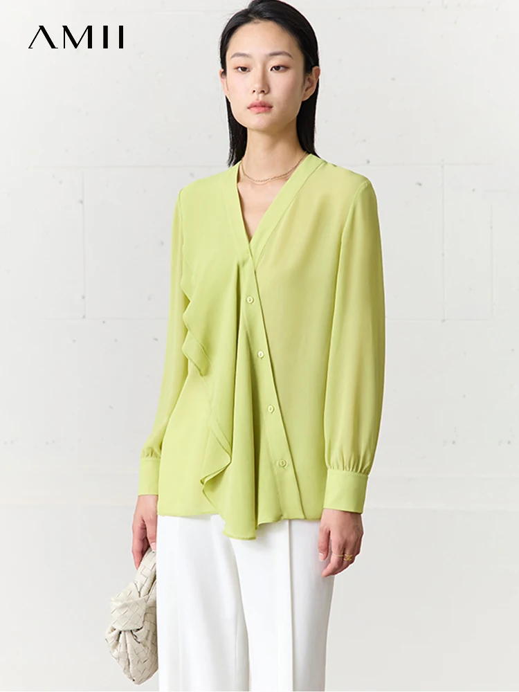 

AMII Minimalism Ruffles Chiffon Women Shirt 2023 Summer New V Neck Loose Office Lady Elegant Long Sleeves Female Blouse 12342471