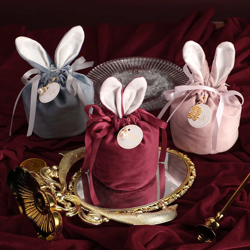 

Cartoon Rabbit Ears Velvet Bags Chocolate Candy Cookie Packaging Bag Jewelry Organizer Bags with Pearls Easter Cookies Candies