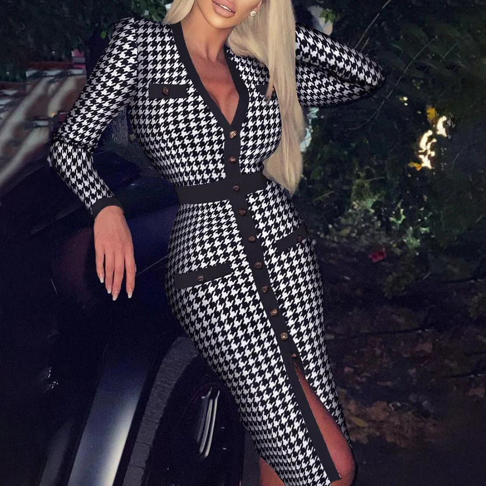 

Elegant vintage Houndstooth Party Dress Slim Button V-Neck Stitching Dress Women Fall Winter Long Sleeve Bodycon Dress Geometric
