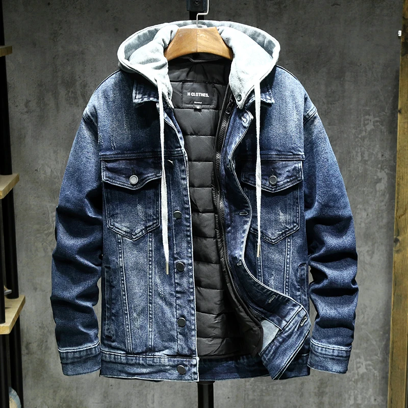 Retro Blue Winter Men's Denim Jacket Thickened Hooded Puffer Coat Fashion Warm Personality High Street Male Youth Outerwear