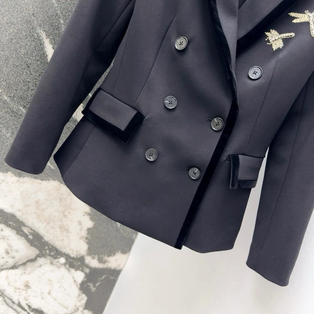 Женский новый роскошный однотонный черный блейзер с вышивкой двубортный пиджак