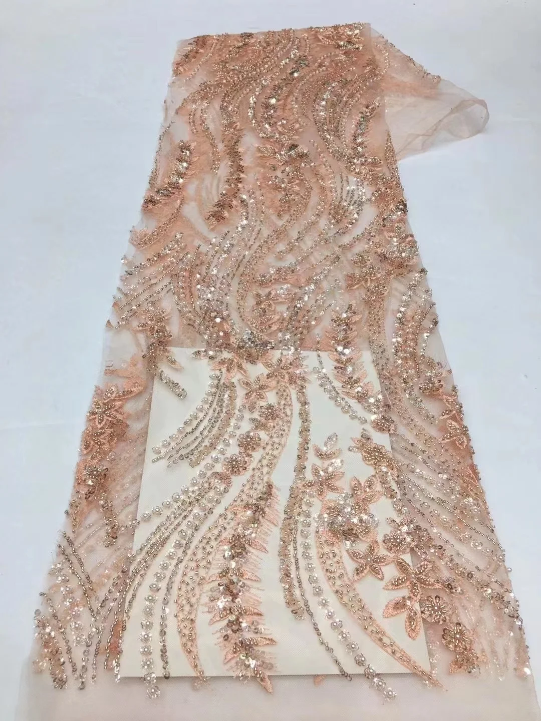 

Luxury Handmade Beads Lace Fabrics Embroidery African French Mesh Lace Fabric Heavy Beaded Lace Fabric for Wedding