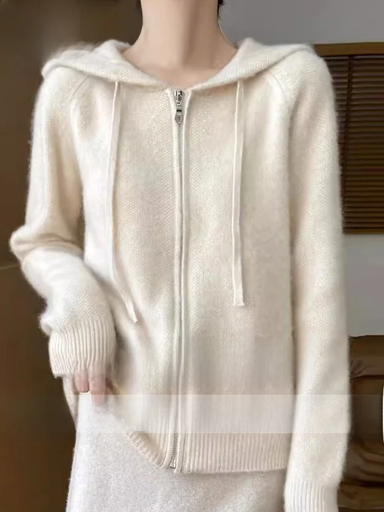 00. Вязаный кардиган на молнии с капюшоном из чистого кашемира. Новая