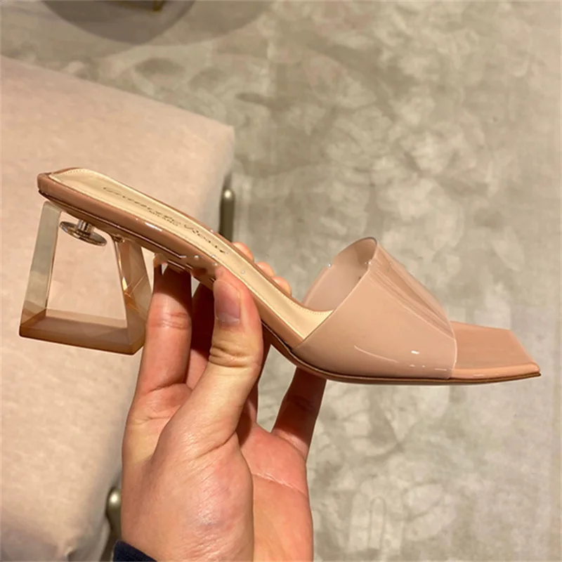 

Clear Crystal Heel Slippers Nude Square Open Toe Female Pumps Simple Sandals Slip On Shallow Women Mules Femme