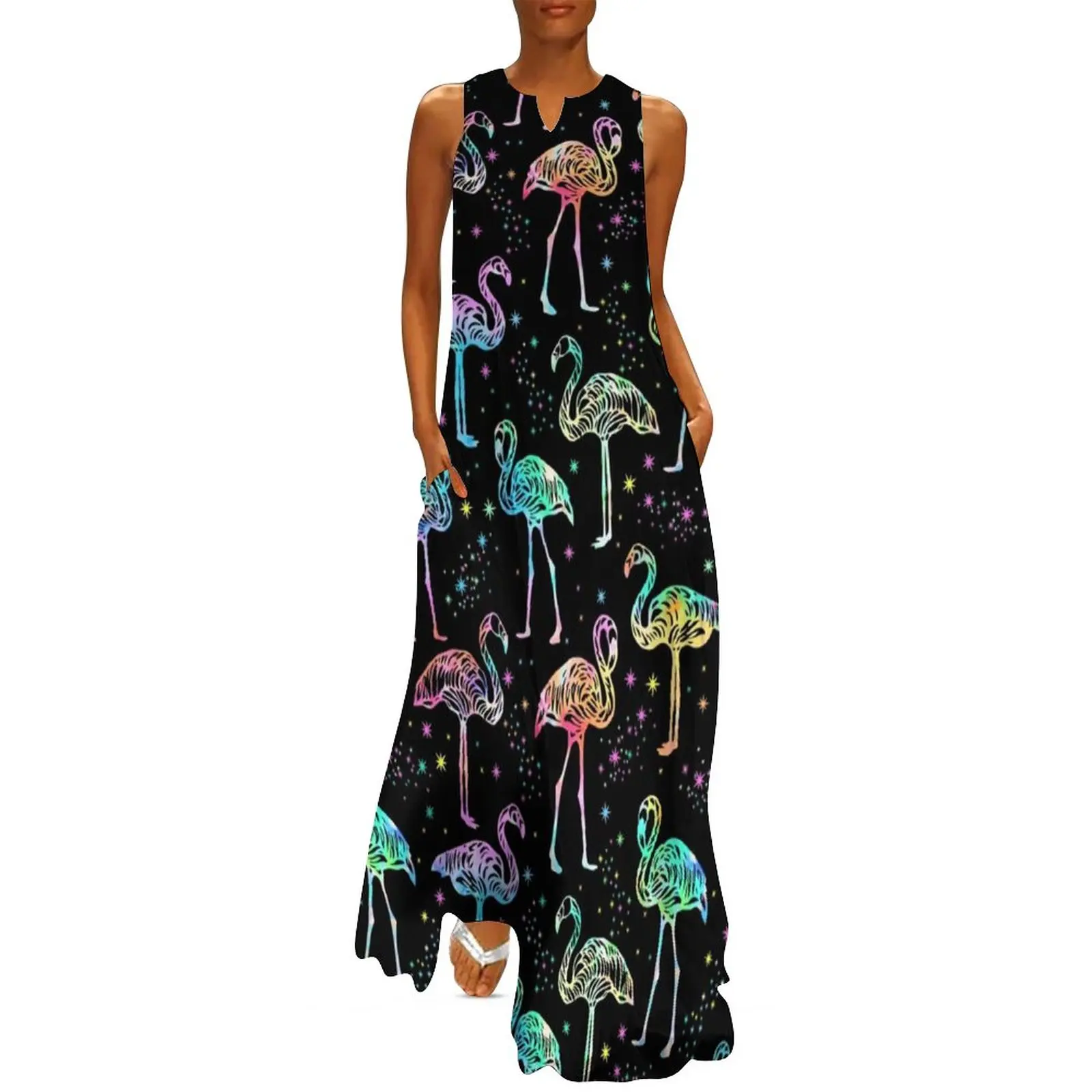 

Colorful Flamingo Dress Summer Funny Animal Print Aesthetic Bohemia Long Dresses Womens Elegant Maxi Dress Birthday Present