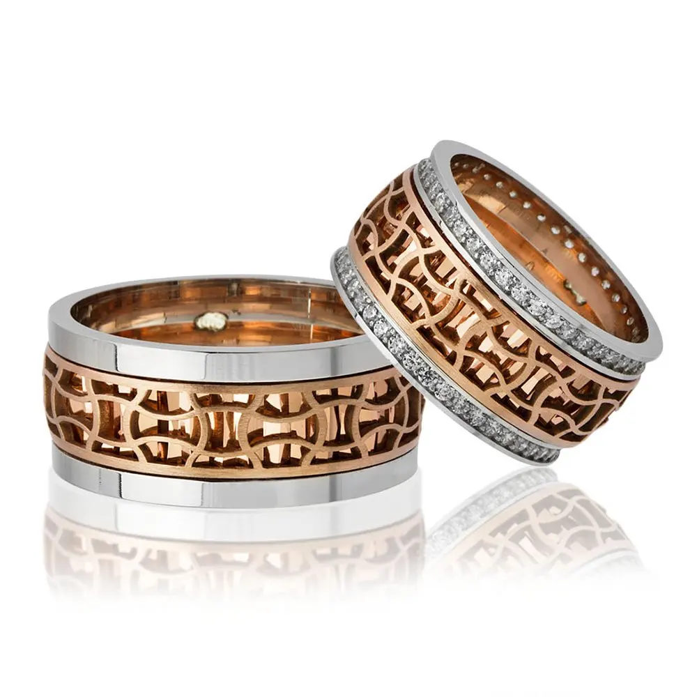 

Special Design Motif Embroidered Rose Color 925 Sterling Silver Couple Wedding Rings