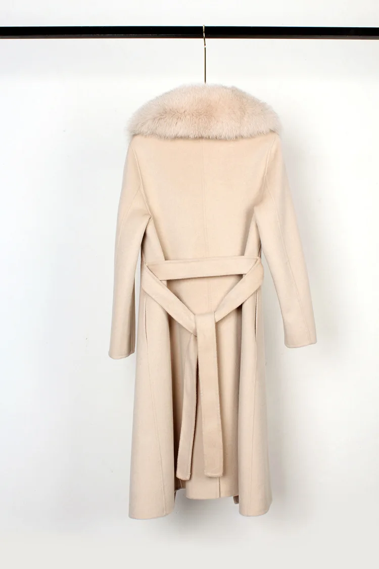 100% Double Woolen Jacket Women Winter Coat Detachable Real Fox Fur Collar Long Warm Outerwear Ladies Fashion Streetwear Belt