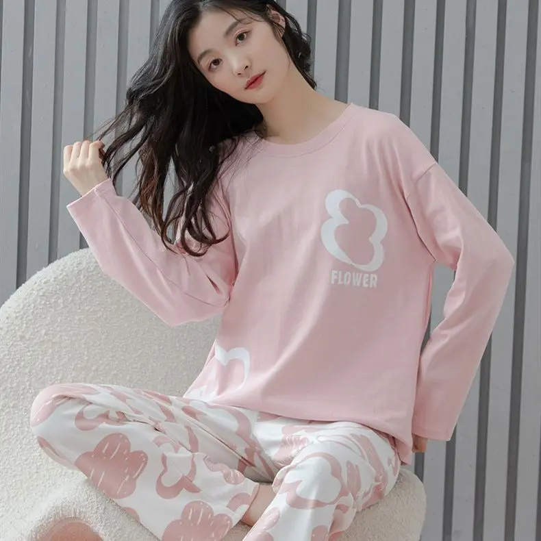 Yasuk Spring Autumn Fashion Women's Casual Lovely Flower Cotton Pocket Sleepwear Homewear Simple Pajamas Set With Pants Sweet