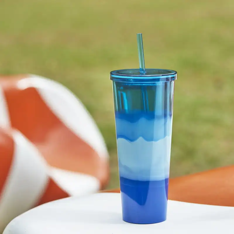 

Cool Oz Double Wall Tinted Blue Plastic Tumbler with Straw - Enjoy a Refreshing Beverage on the Go!