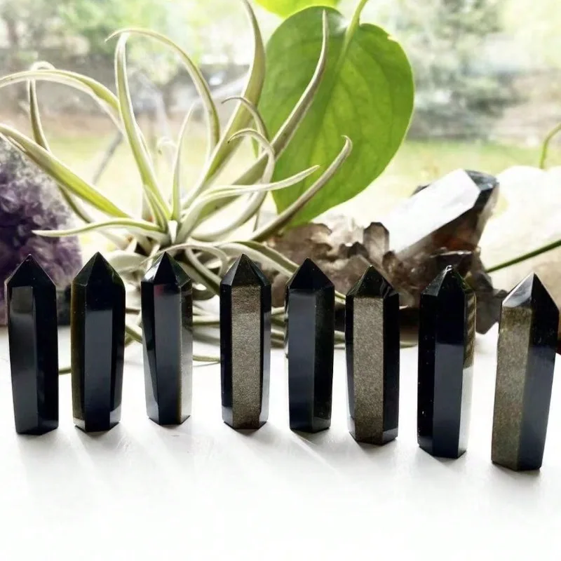 1 шт. натуральная Золотая зернистая башня шестиугольная Обсидиановая палочка для