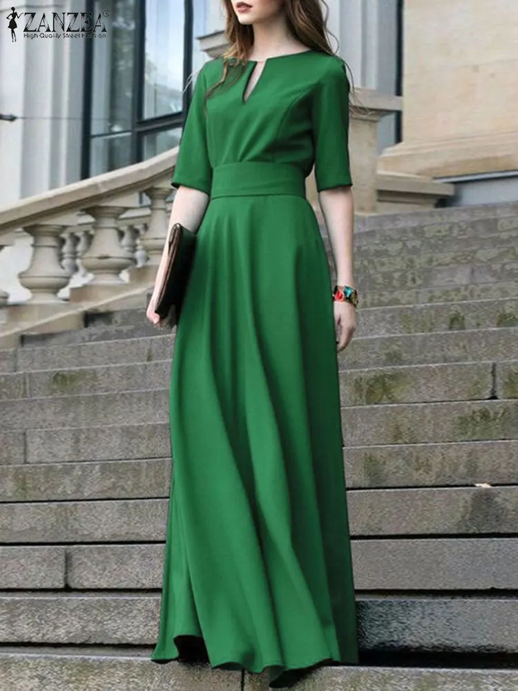 

2022 ZANZEA Elegant Women Half Sleeve OL Work Dress Fashion Summer Sundress Solid Kaftan Party Maxi Long Vestidos Robe Femme