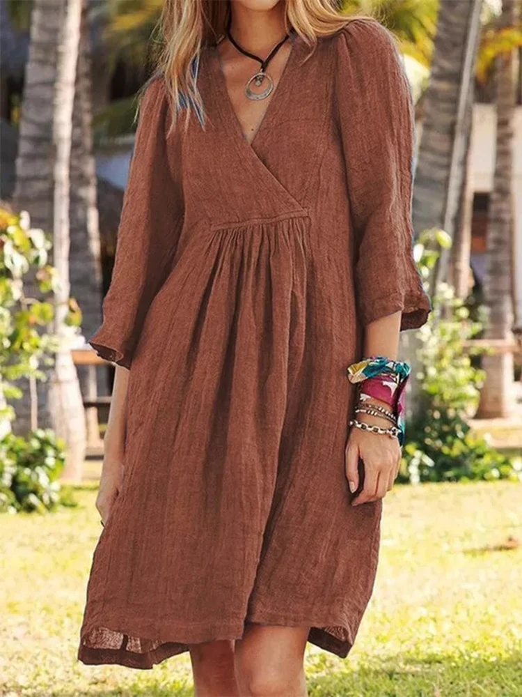 

Casual 3/4 Sleeve V-Neck Dress Women Summer Fashion Linen Loose Pullover A-Line Dress Ladies Simple Solid Color Pleated Dresses