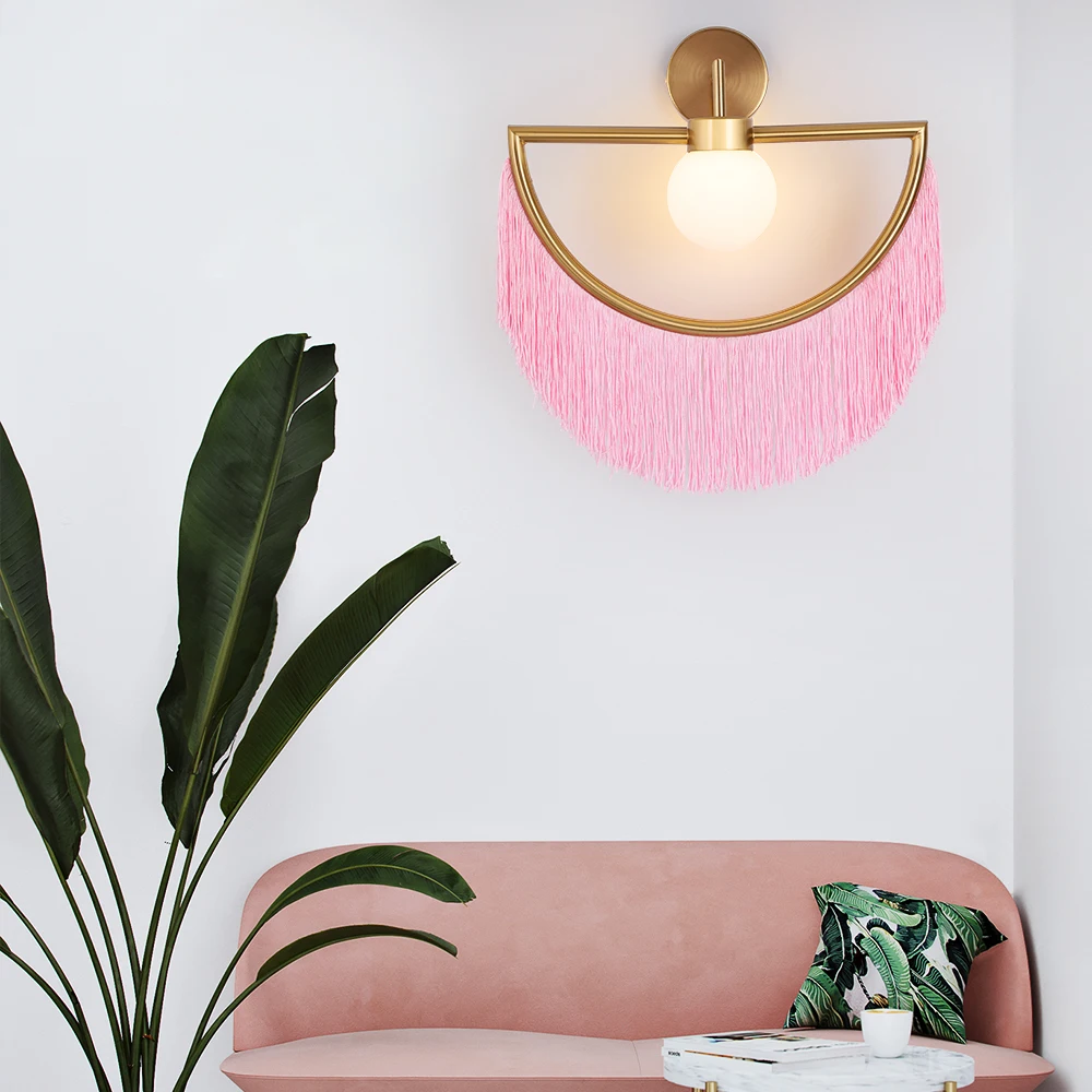 Nordic Designer Tassel Glass Ball Wall Light Fix Pink Lamp Ins Hot Girl Wall Sconces For Living Room Bedroom Hotel Led Fixtures