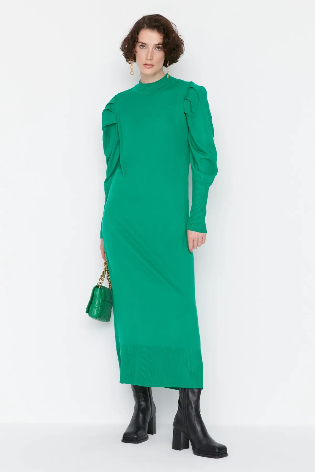 Green Crew Neck Shoulder Frosted Knitwear Dress TCTAW23EB00047