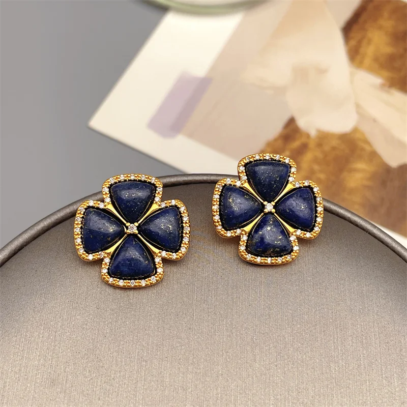 

European And American Retro Inlaid Natural Lapis Lazuli Studded With Diamond Stud-Earrings For Women Fashion Luxury Earrings