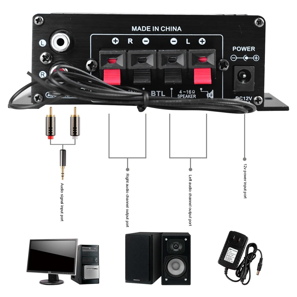 

AK-370 Audio Amplifier 2.0 Channel Audio Amplifier Board 20W+20W Digital Audio Amplifiers DC 12V Mini HIFI Stereo USB OTG Input