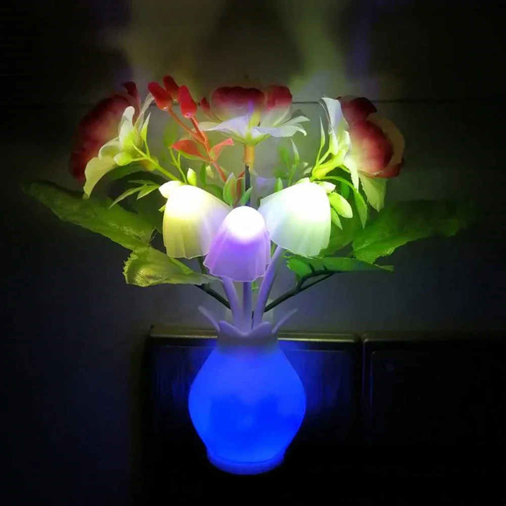 0.5W LED Night Light With Auto Sensor Energy Saving Rose Flower Mushroom Plug In Lamp For Bedroom Bathroom Living Room Kitchen