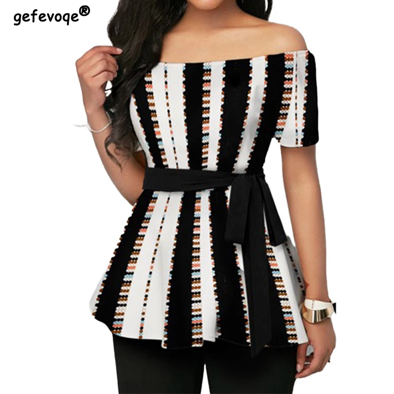 

2022 Summer New One Word Collar Stripe Printed Short Sleeve T-Shirts Women Off Shoulder Lacing Tops Slim Elegant Chic Pullovers