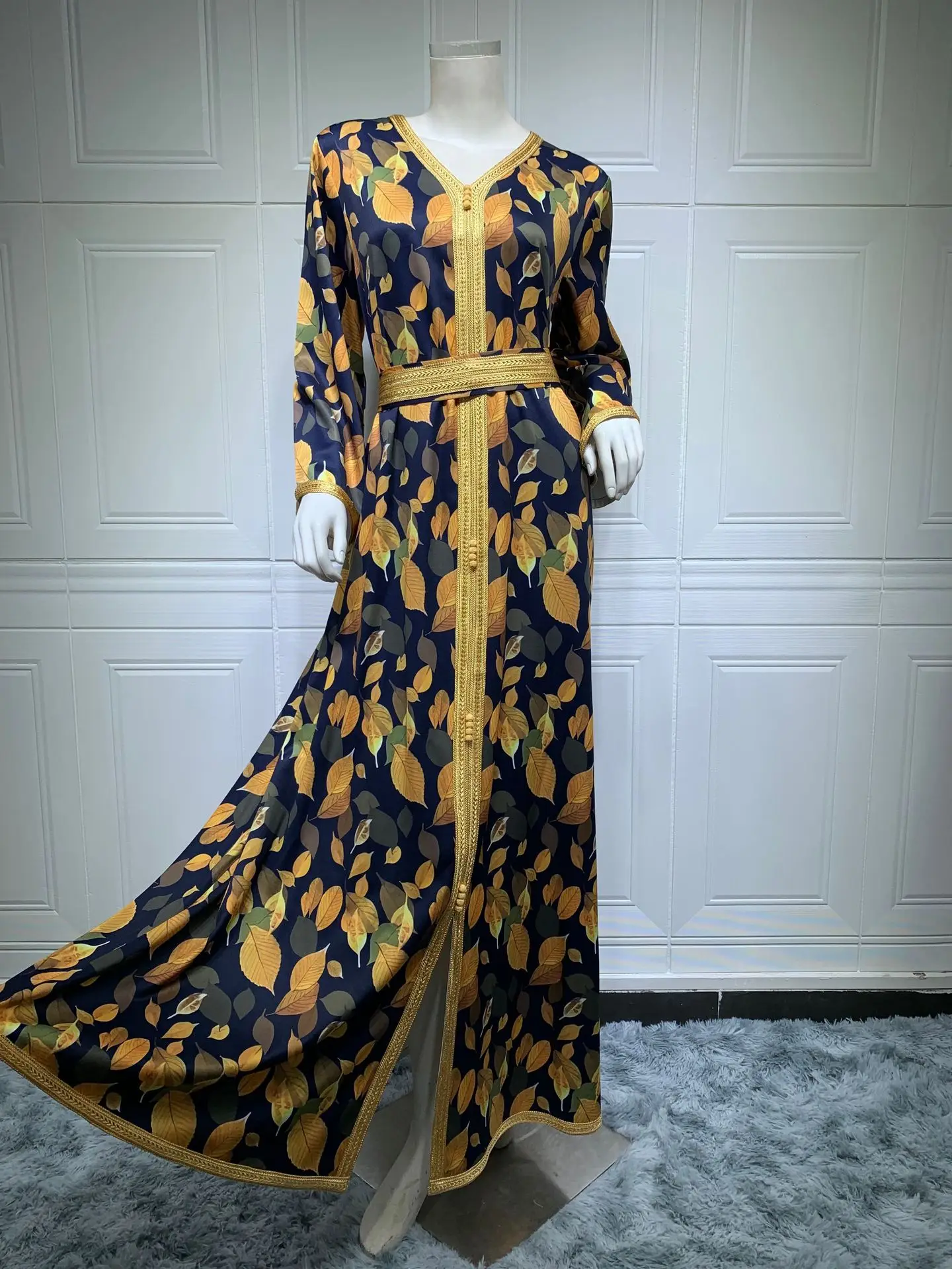 Muslim Abayas for Women Golden Printed Belted V-neck Long Sleeve Dress Fashion Long Skirt Dubai Turkey Islam Clothes Casual Robe
