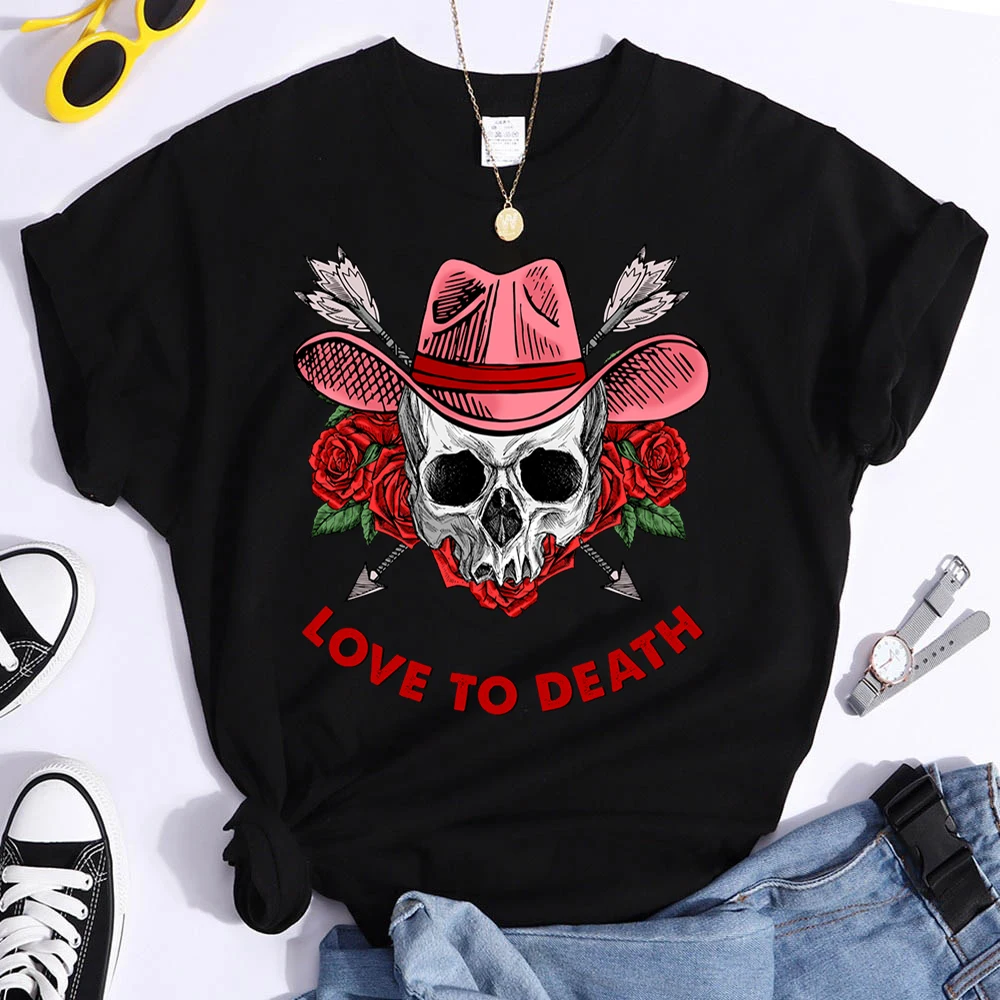 

Женская футболка с принтом черепа и розы, летний топ с коротким рукавом в готическом стиле с надписью Love To DeathD, стандартная футболка на День святого Валентина