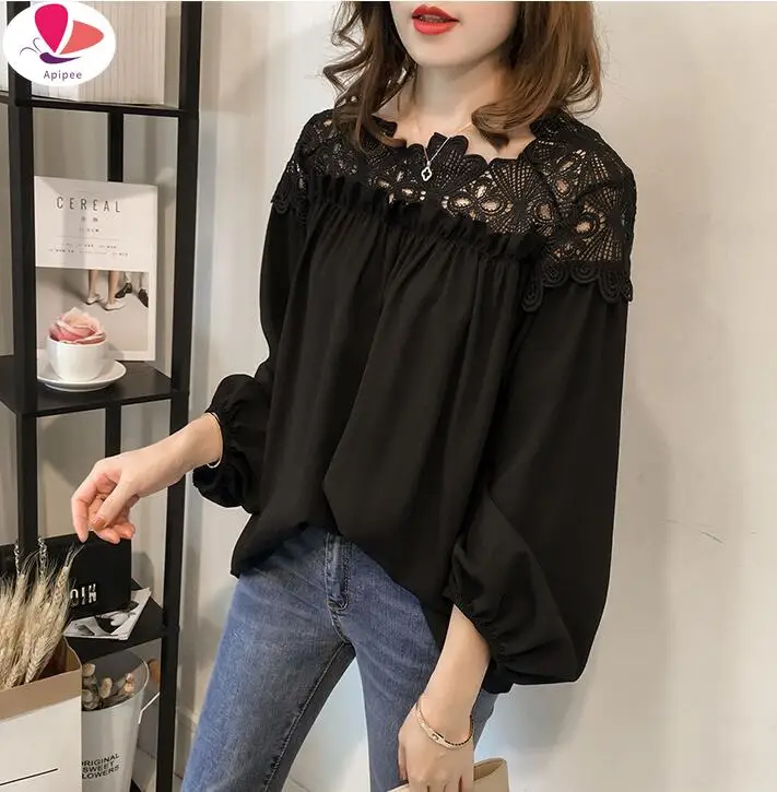 

Spring 2023 New Korean Fashion Crochet Lace Stitching Chiffon Blouse Long Sleeve Jacket Women Blouses & Shirts