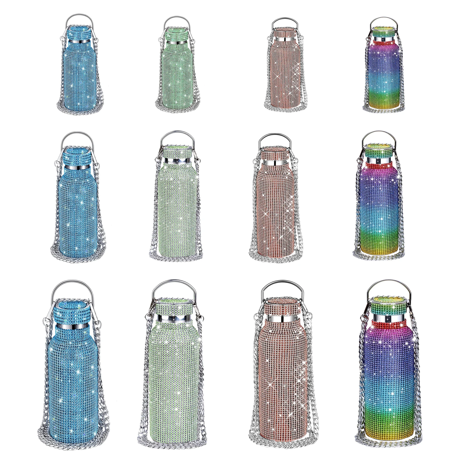 Portable Glitter Rhinestone Water Bottle Crossbody Stainless Steel Thermal Flask