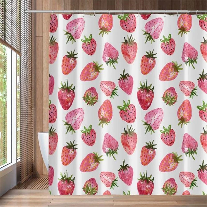 

Pink Strawberry Shower Curtain for Bathroom Watercolor Strawberries Spring Summer Fruits Decor Fabric Bath Curtains with Hooks