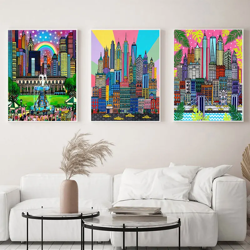 

Coloured Drawing New York City Posters And Prints Colorful City Canvas Painting Living Room Bedroom Home Decor Wall Art Pictures
