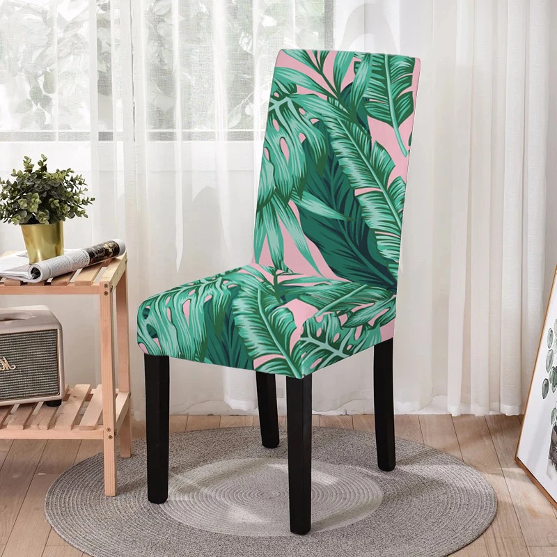 

New Dining Chair Cover Green Leaf Print Spandex Stretch Seat Covers Elastic Chair Slipcover for Home Wedding Kitchen Stools
