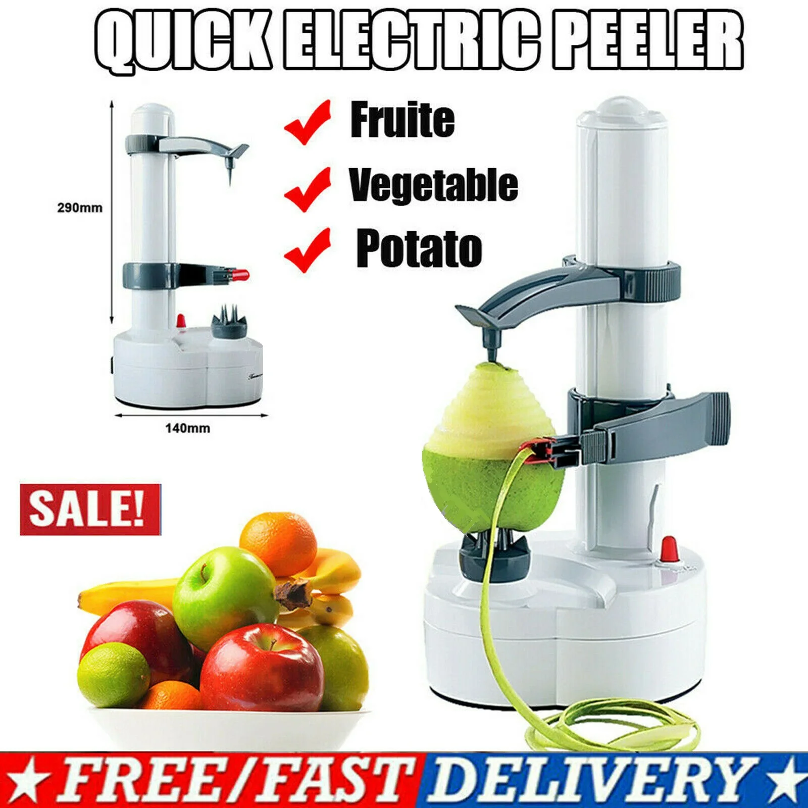 

Electric Automatic Potato Peeler Vegetable Pear Apple Orange Fruit Rotating Peeler Cutter +3 Blades