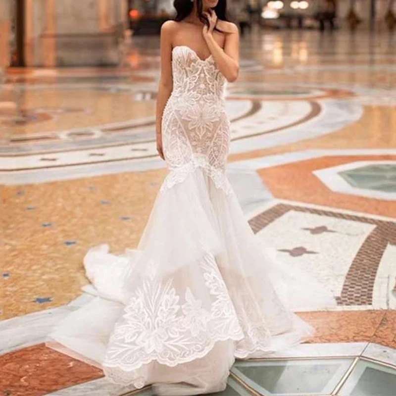 

Женское свадебное платье с юбкой годе, Привлекательное платье невесты с открытой спиной, на молнии, без рукавов, с кружевной аппликацией и о...