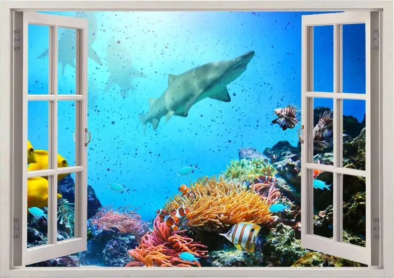 

Underwater shark wall sticker Coral reef 3D window, sea wall decal for home decor, colorful sharks wall art nursery kids decorat