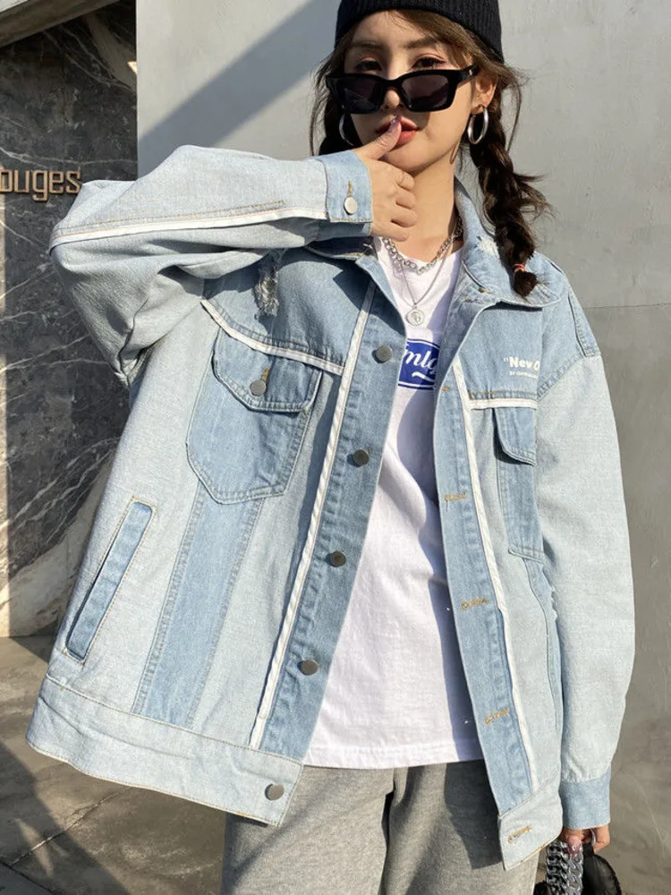 

2202 New Fashion Hole Denim Coat Women's Middle Long Hip Hop Front And Back Stitching Printed Denim Top Women's Loose