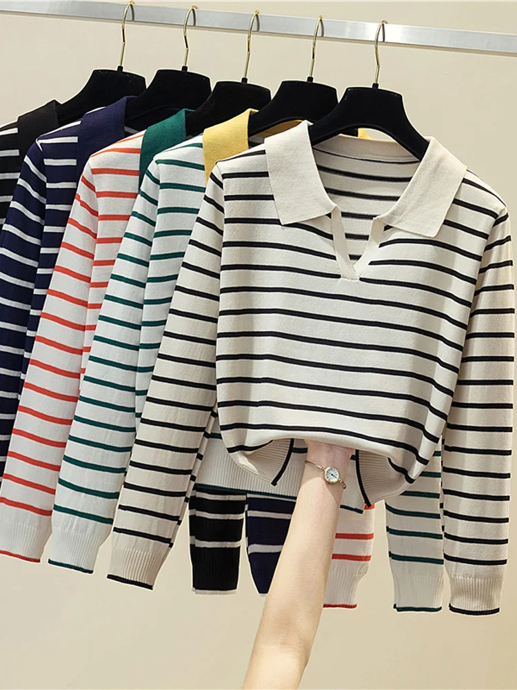 Полосатый пуловер с V-образным вырезом мягкий свитер женские повседневные