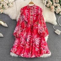 autumn luxury temperament stand up collar lantern long sleeved three dimensional bow waist a word large swing dress female