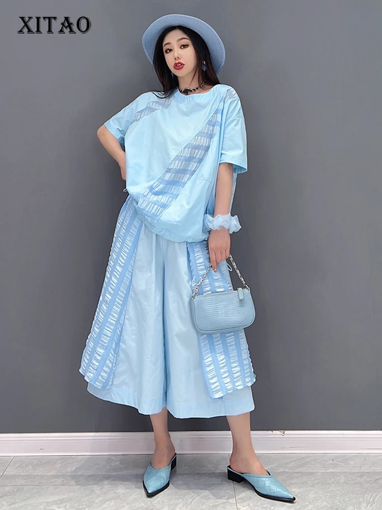 

XITAO Solid Patchwork Pant Set Women Korea 2022 Summer New Arrival Personality Fashion Loose O-neck Short Sleeve Dress WLD7397