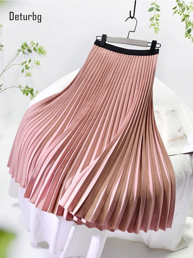 

Women's Classic Pleated Midi Long Skirt Korean Fashion Brief Elastic High Waist Office Slim Swing A-Line Skirts 2022 Autumn K173