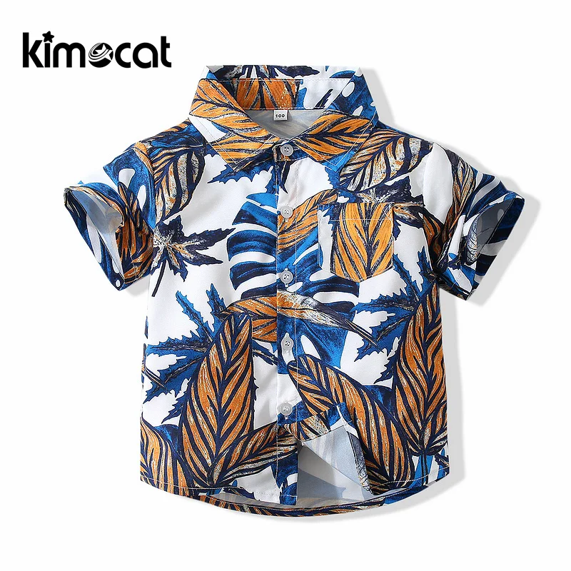 

Гавайская пляжная рубашка Kimocat для мальчиков, топы из тонкой ткани для малышей, Детские рубашки с коротким рукавом, летняя хлопковая детская...
