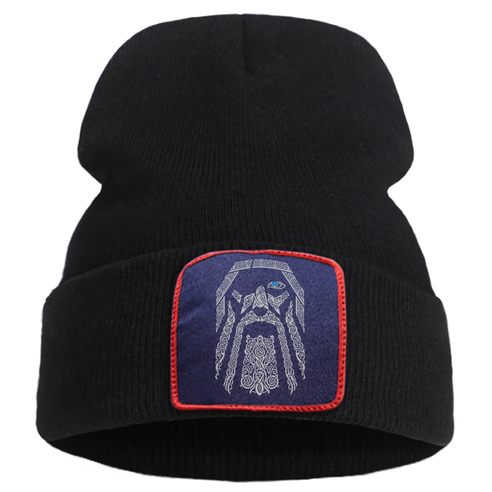 

Vintage Print Odin Vikings Beanie Hats Cool Unisex Knitted Cap Creativity Winter Wool Bonnet Caps Flexible Fashion Skullies Hat