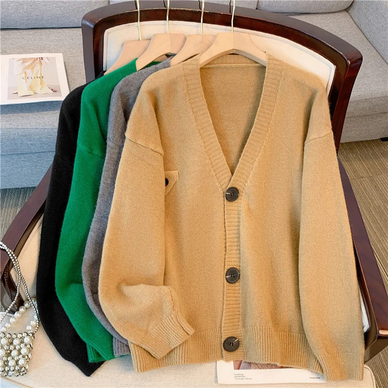 

Autumn Winter Thicken Warm Sweater Cardigan Women Japan Style Lazy Wind Soft Knit Cardigans Female Gray Khaki Loose Knitted Coat