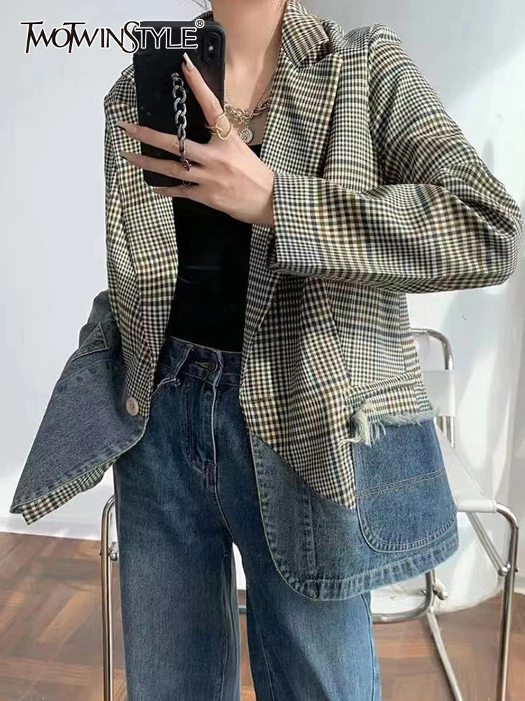 

TWOTWINSTYLE Patchwork Colorblock Blazers For Women Notched Collar Long Sleeve Casual Coats Female Fashion Spring Clothing 2022