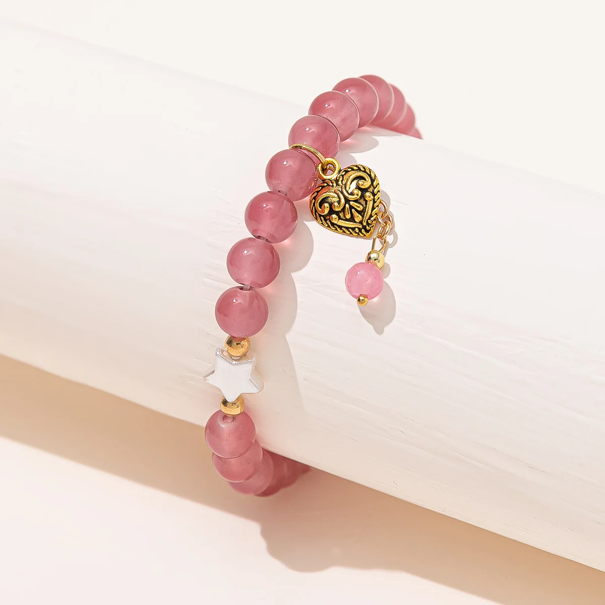 

Antique Gold Heart Charm Accessory Love Peace Star Pearl Pink Beads Bracelet For Women Jewelry