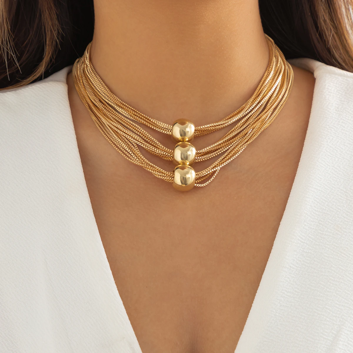 

IngeSight.Z Multi Layered Exaggerated CCB Material Big Ball Choker Necklace For Women Vintage Gold Color Chunky Clavicle Chain